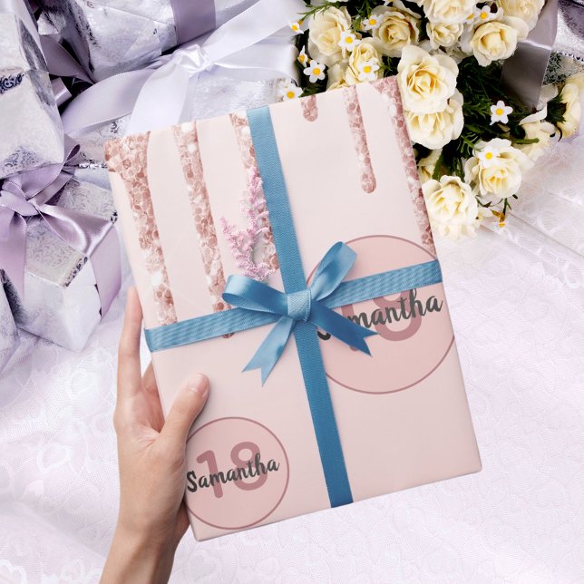 Papel De Regalo rosa de oro de 18 años gotea purpurina (Subido por el creador)