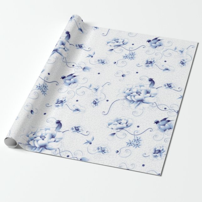 Papel De Regalo Rosa de pájaro azul Chinoiserie Floral (Desenrollado)
