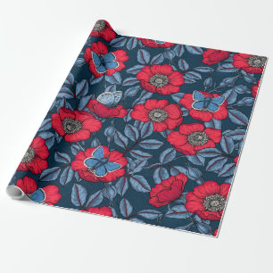 Papel De Regalo Rosa de perro y mariposas en azul y rojo
