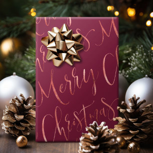 Papel De Regalo Rosa Dorado Merry Christmas Caligrafía burdeos