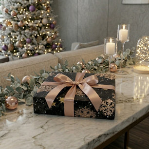 Papel De Regalo Rosa dorado moderno elegante copos de nieve negro