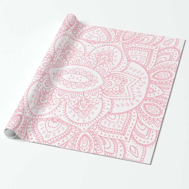 Papel De Regalo Rosa En Mandala Tribal Blanca (Desenrollado)