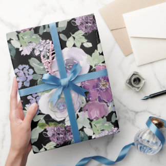 Papel De Regalo Rosa Floral Blanco Púrpura Fondo Negro