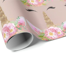 Papel De Regalo Rosa floral de oro rosado Purpurina unicornio Spar