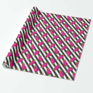 Papel De Regalo Rosa floral en franjas verticales