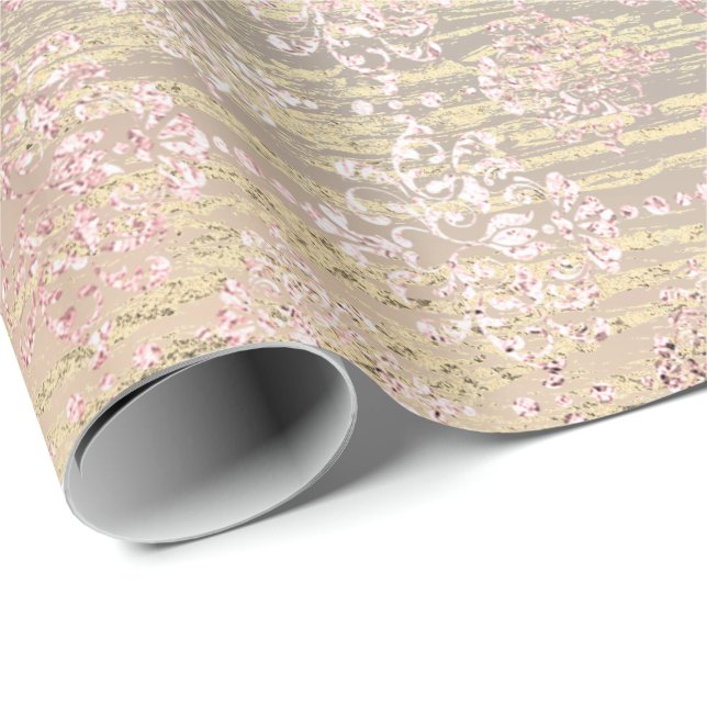 Papel De Regalo Rosa Foxier Metálico Damask Madera Rosa Real (Esquina del rollo)