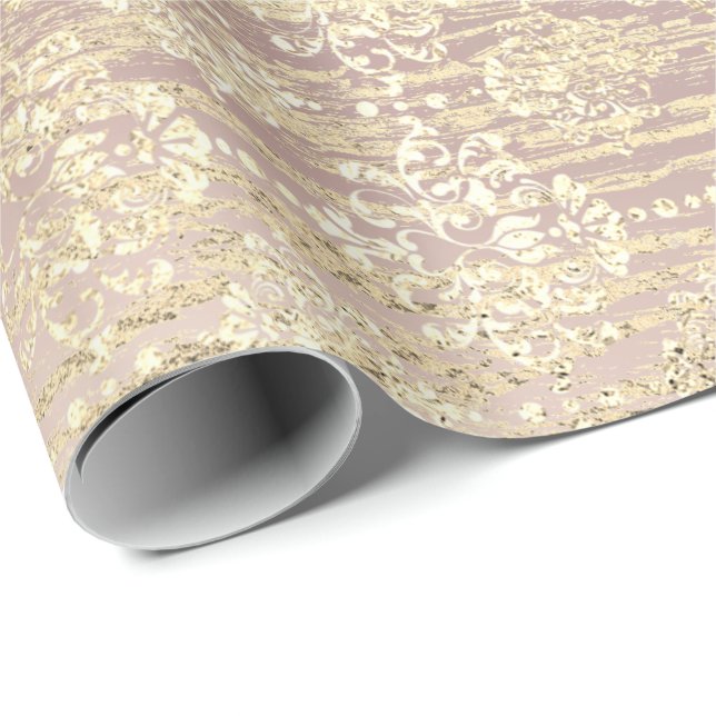 Papel De Regalo Rosa Foxier Metallic Damask Gold Wood Rosa (Esquina del rollo)