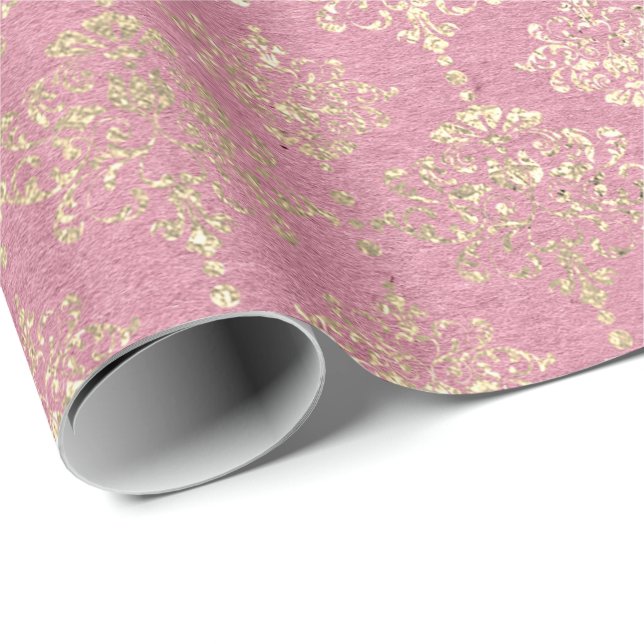 Papel De Regalo Rosa Foxier Metallic Damask Princesa de oro Rosa (Esquina del rollo)