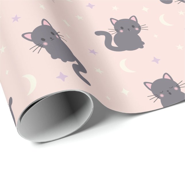 Papel de Regalo Rosa Gato Gris Adorable (Esquina del rollo)