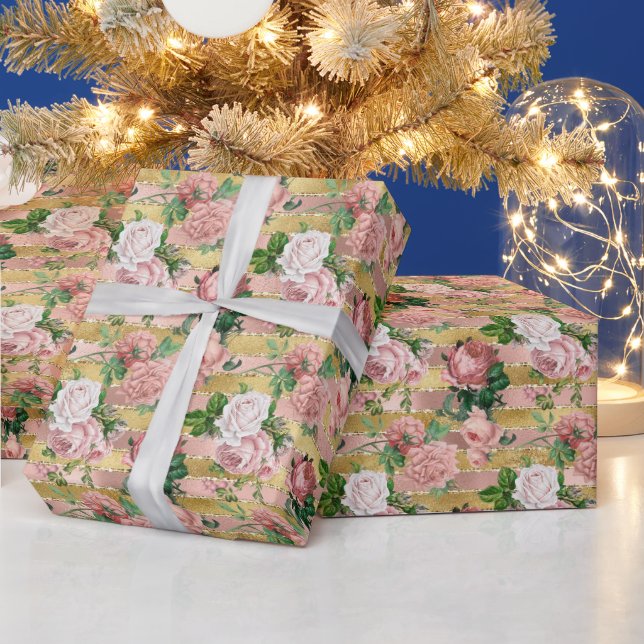 Papel De Regalo Rosa Gold Glam Glitz Rosas Bandas Florales (Vacaciones)