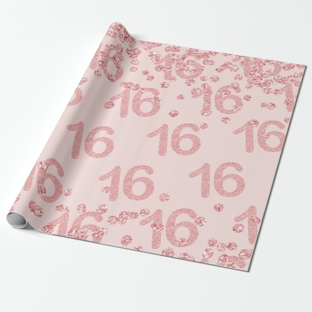 Papel De Regalo Rosa Gold Rubor Sweet 16 Birthday Party Purpurina (Desenrollado)