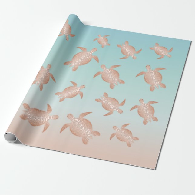 Papel De Regalo Rosa Gold Sea Turtles Beach Style (Desenrollado)