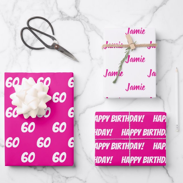 Papel de regalo rosa HOT PINK para 60 cumpleaños c (Anverso)