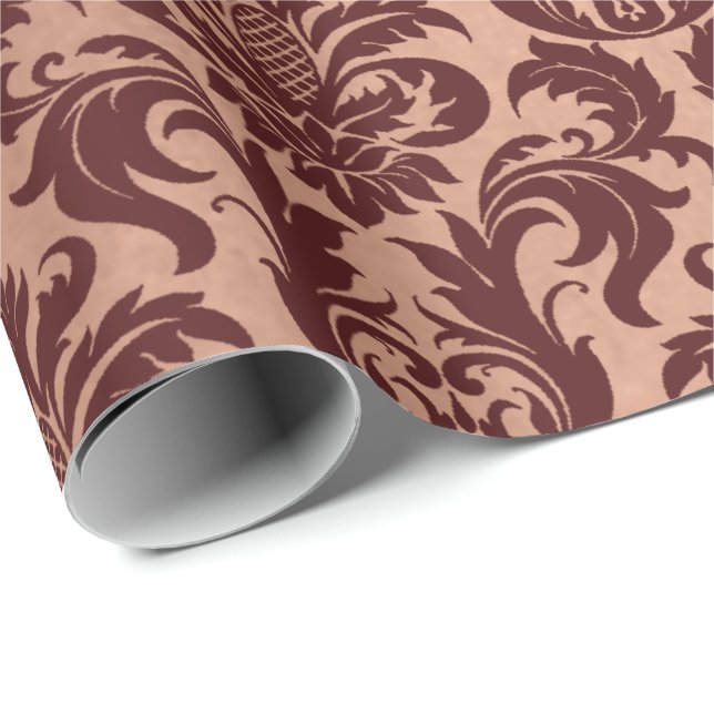 Papel De Regalo Rosa metálico Gold Copper Borgoña Maroon Damask (Esquina del rollo)