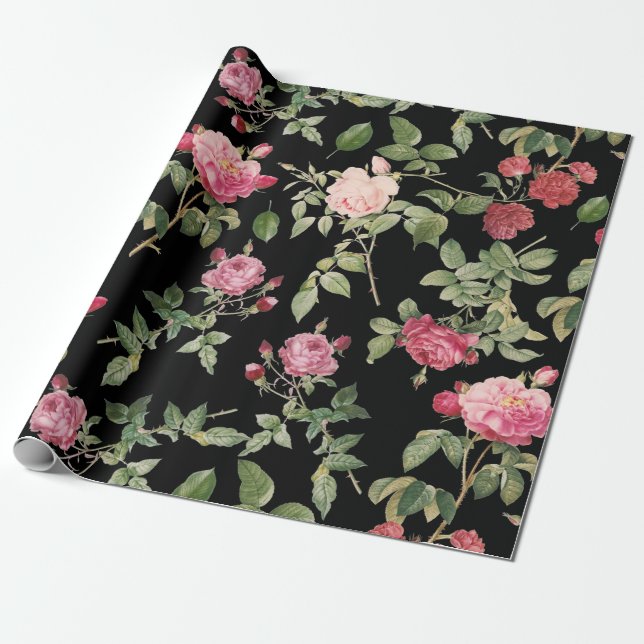 Papel De Regalo Rosa negro rosa floral moderno (Desenrollado)