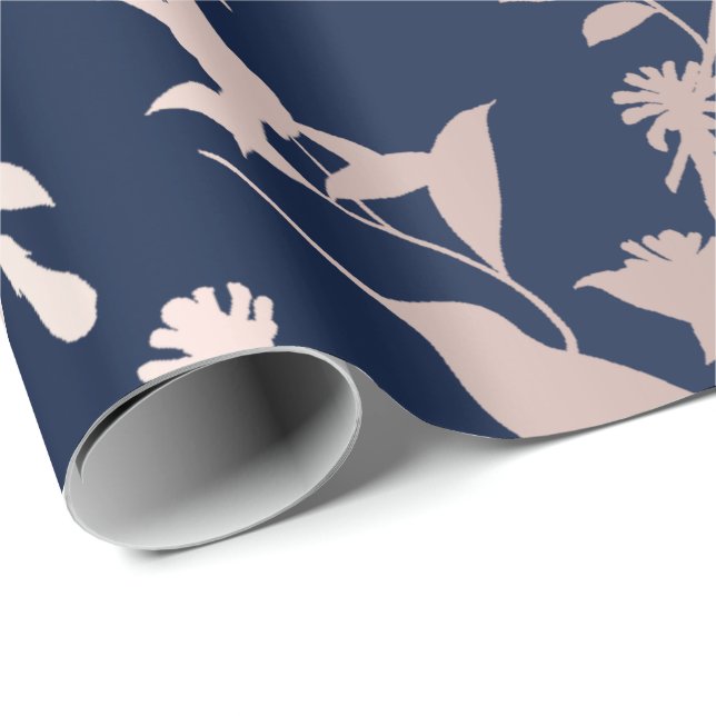 Papel De Regalo Rosa Oro Rubor Hummingbird Flores Marina Azul (Esquina del rollo)
