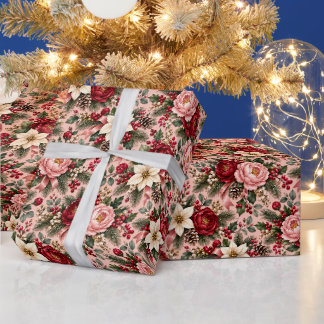 Papel De Regalo Rosa Peonía Verde Salvia Pino Floral Navidad