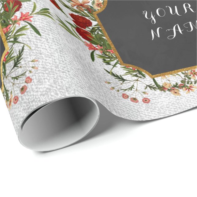 Papel De Regalo Rosa Plateado con nombre personal de peones floral (Esquina del rollo)