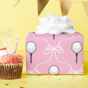 Papel De Regalo Rosa Preppy con Lazo Blanco Patrón de Golf
