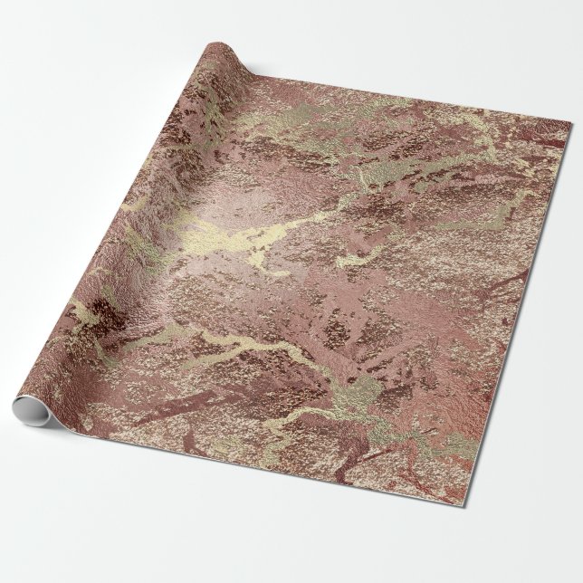 Papel De Regalo Rosa purpurina Molten Rosa Gold Marble Metálico (Desenrollado)