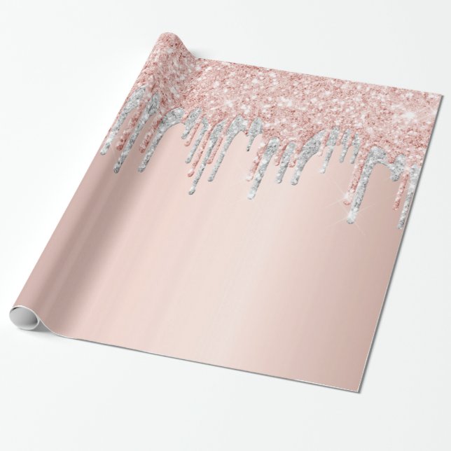 Papel De Regalo Rosa purpurina oro gotea cumpleaños de plata (Desenrollado)