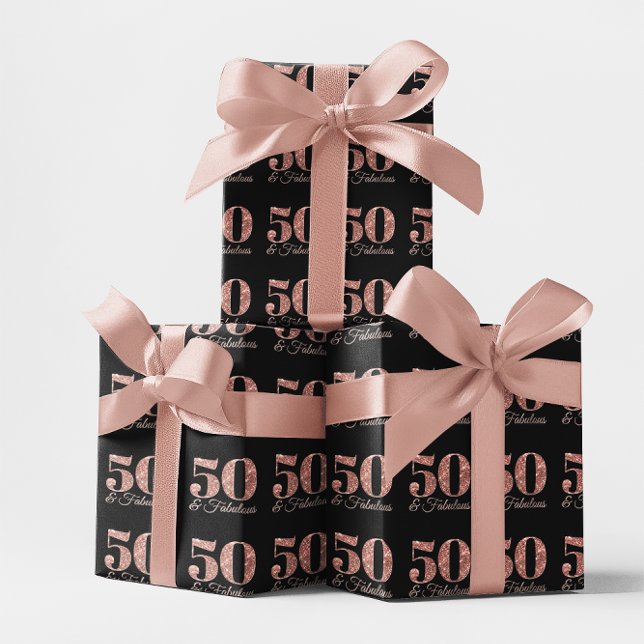 Papel De Regalo Rosa Purpurinoso Gold 50 y fabuloso en negro (Glittery Rose Gold 50 & Fabulous on Black Wrapping Paper)