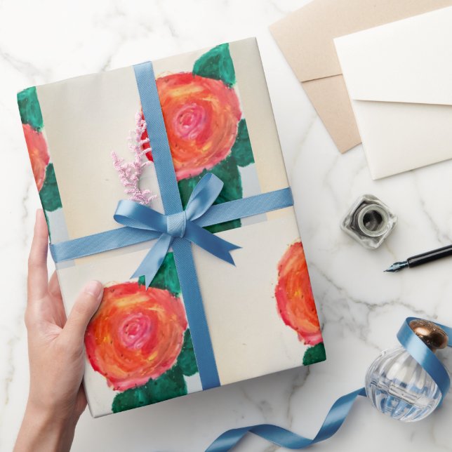 Papel De Regalo Rosa Roja con Hojas Verdes (Regalar)