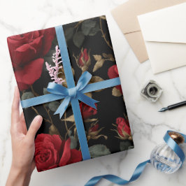 Papel De Regalo Rosa Roja Profunda Elegante Patrón Floral Negro