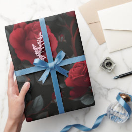 Papel De Regalo Rosa Roja Profunda Elegante Patrón Floral Negro
