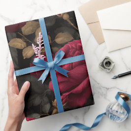 Papel De Regalo Rosa Roja Profunda Elegante Patrón Floral Negro
