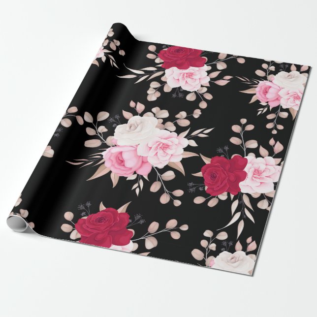 Papel De Regalo rosa rojo elegante floral (Desenrollado)