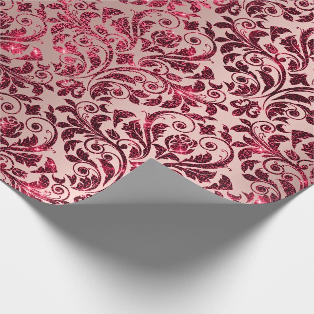 Papel De Regalo Rosa rosa de marrón rojo de Damask Royal Burgundy (Esquina)