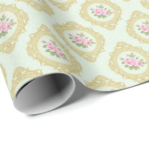 Papel De Regalo Rosa Rosa Elegante y Marco Dorado 