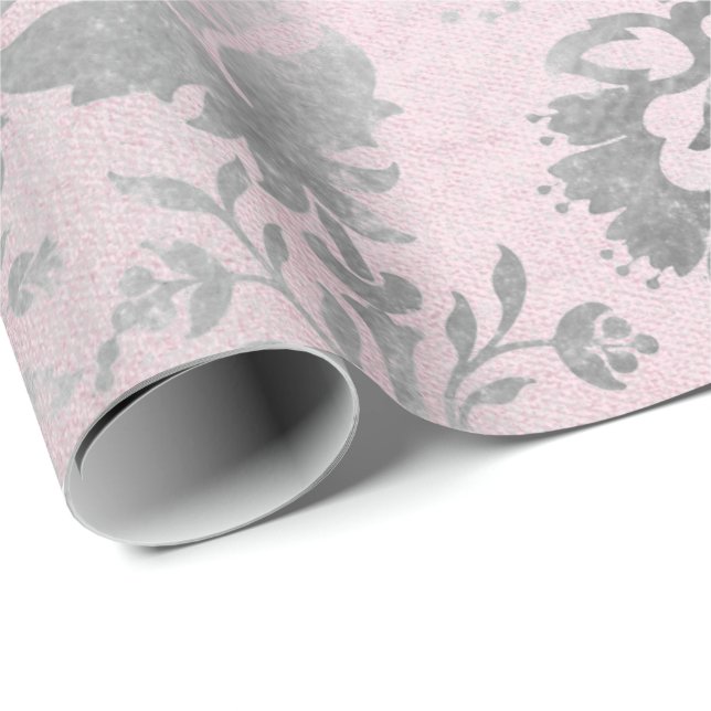 Papel De Regalo Rosa Rosa Plata Gris Rosa Flora Cabaña Grung Damas (Esquina del rollo)