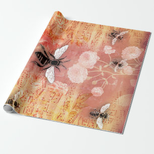 Papel De Regalo Rosa rosa rosa vintage y envolver música de abejas