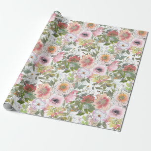 Papel De Regalo Rosa Rubor Agua Floral Acuarela Verde