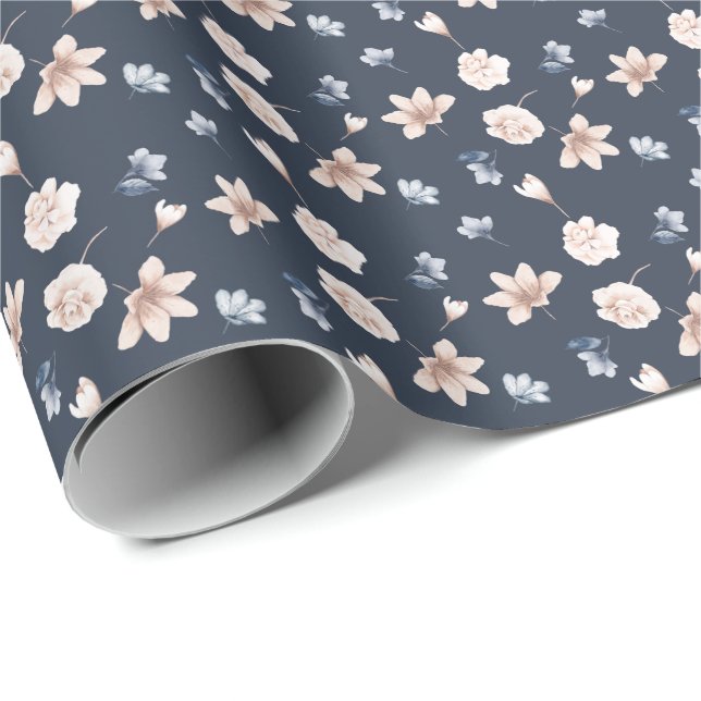 Papel De Regalo Rosa Rubor Azul Marino Floral (Esquina del rollo)