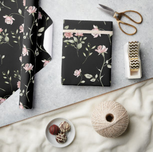 Papel De Regalo Rosa sonrosado floral acuarela negro