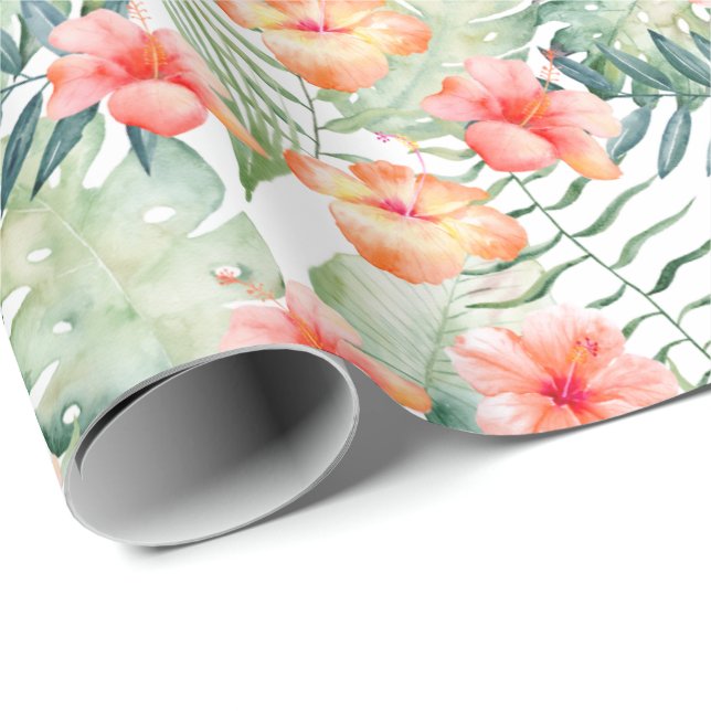 Papel De Regalo Rosa Tropical Hibiscus Floral (Esquina del rollo)