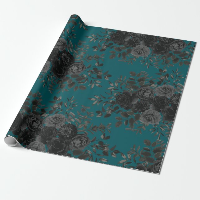 Papel De Regalo Rosa Verde azulado negro Boda gótica elegante (Desenrollado)