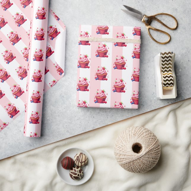 Papel de Regalo Rosa y Blanco a Rayas Cupcakes Ros (Artesanía)