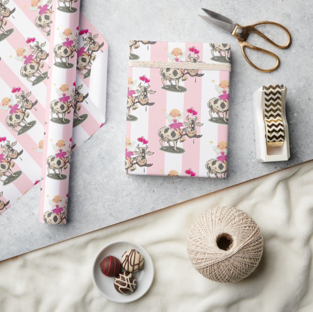 Papel de Regalo Rosa y Blanco Raya Hada Vaca (Artesanía)