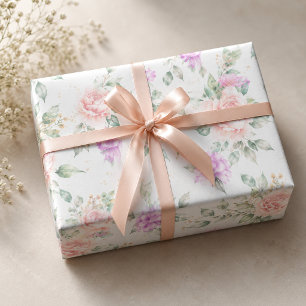 Papel De Regalo Rosa y Flor de Peonía Suave en Acuarela Floral