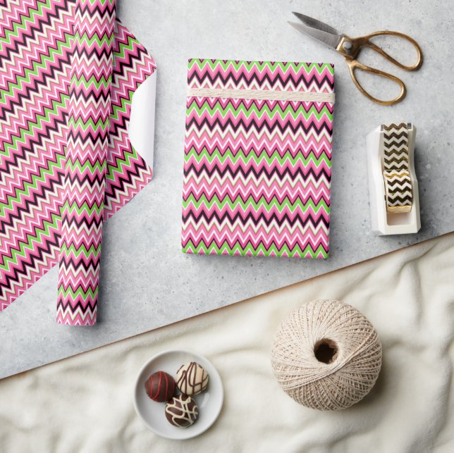 Papel De Regalo Rosa y Verde Chevron Zig Zag Elegante (Artesanía)