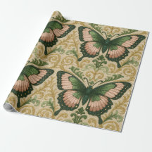 Papel de regalo rosa y verde con estampado de mari