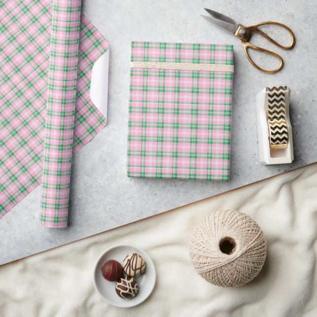 Papel De Regalo Rosa y Verde Escocés Elegante (Artesanía)