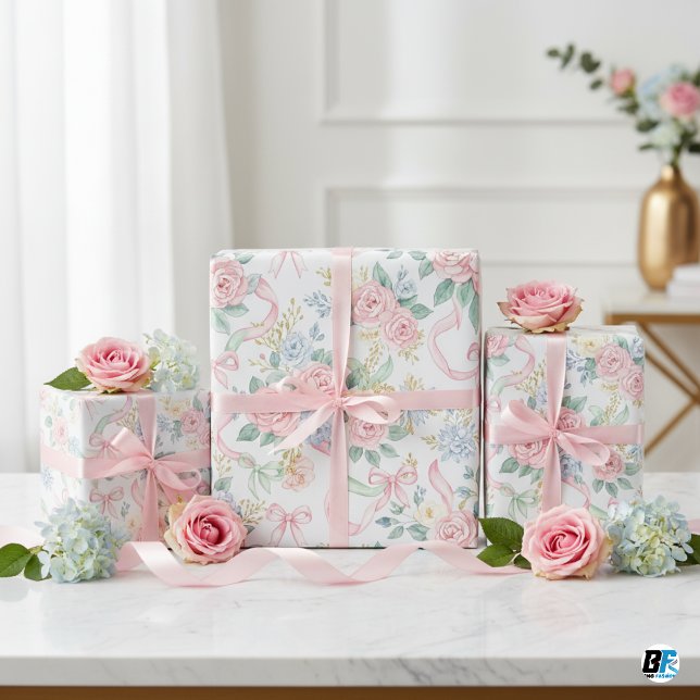 Papel De Regalo Rosales rosados al acuarela con cintas y lazos flo (Subido por el creador)
