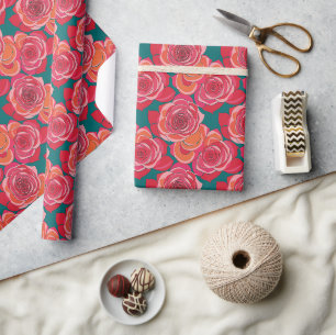 Papel De Regalo Rosas abstractas en tonos de rosa, rojo y naranja
