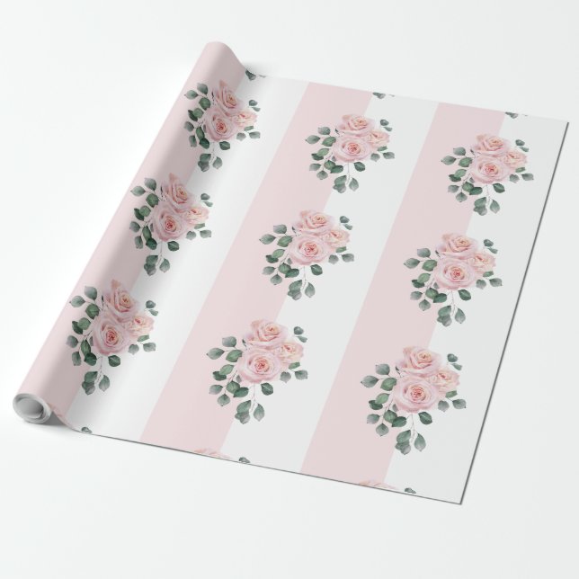 Papel De Regalo Rosas acuarela de rayas rosadas y blancas (Desenrollado)