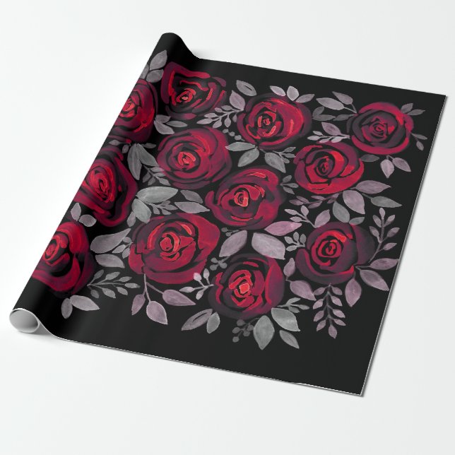 Papel De Regalo Rosas acuarelas, rosas rojas sobre negro (Desenrollado)
